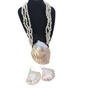 Vtg Mother of Pearl Shell Pendant Necklace & Fan Shell Earrings Seashell‎ Beach